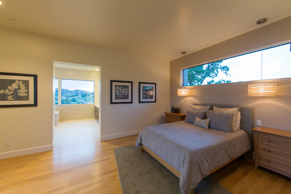 Photo of an expansive contemporary master bedroom in San Luis Obispo with beige walls, light hardwood floors and no fireplace.