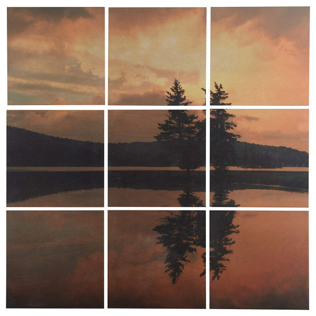 Mural Wall Art, Lakeside Sunset With Tall Evergreens, 9 Wooden Pieces