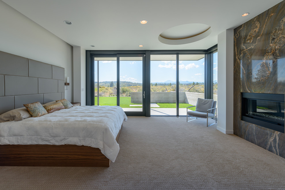 This is an example of a contemporary bedroom in Other with white walls, carpet and a ribbon fireplace.