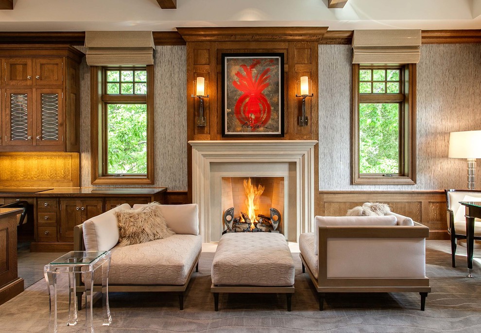 Inspiration for a transitional living room in Denver with a standard fireplace and no tv.