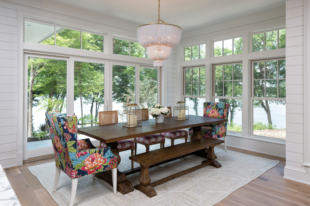 Beach style dining room in Minneapolis with white walls, light hardwood floors and no fireplace.