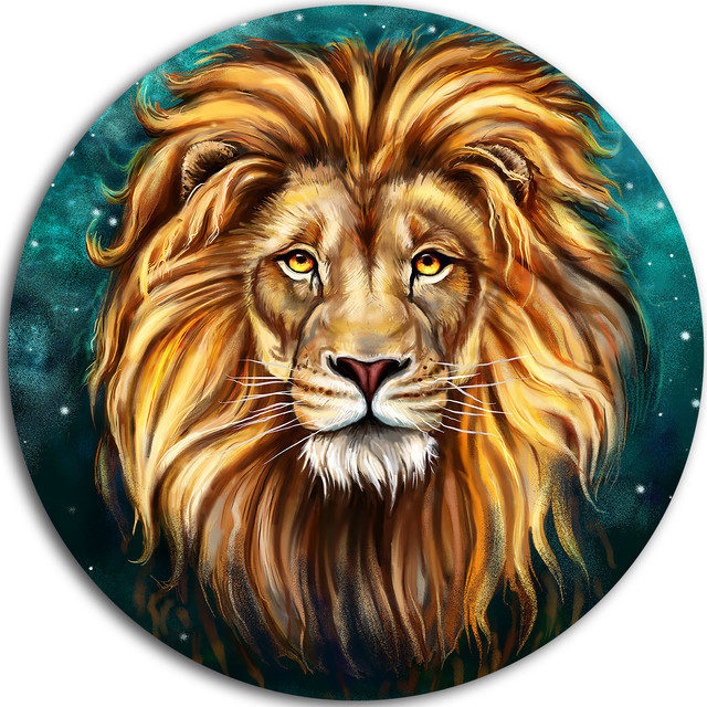 Lion Head In Blue, Animal Round Wall Art Contemporary Metal Wall