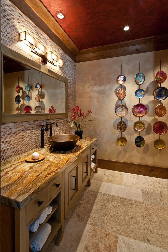 Inspiration for a contemporary bathroom in Salt Lake City with a vessel sink and brown benchtops.