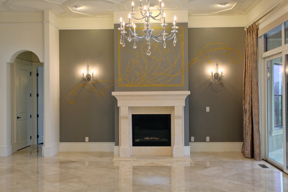 This is an example of an expansive contemporary formal open concept living room in Raleigh with white walls, marble floors, a stone fireplace surround, a standard fireplace, beige floor and coffered.