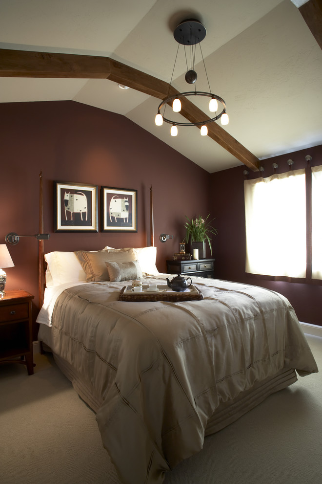 Inspiration for a traditional bedroom in San Francisco with brown walls and carpet.