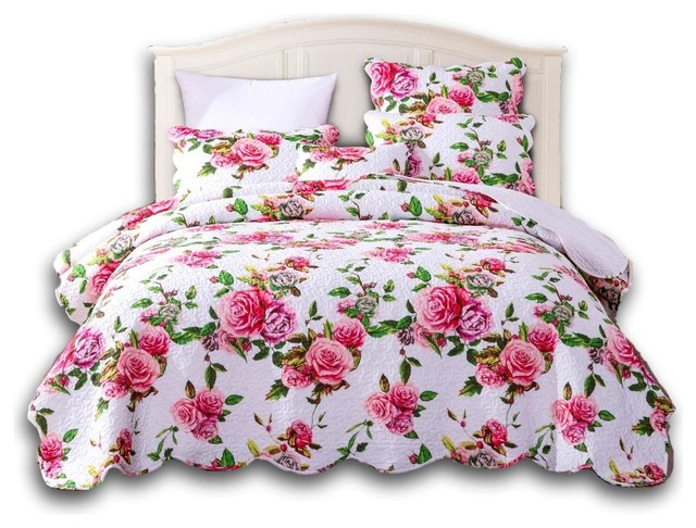 Romantic Roses Lovely Spring Pink Floral Scalloped Bedspread Set, Full