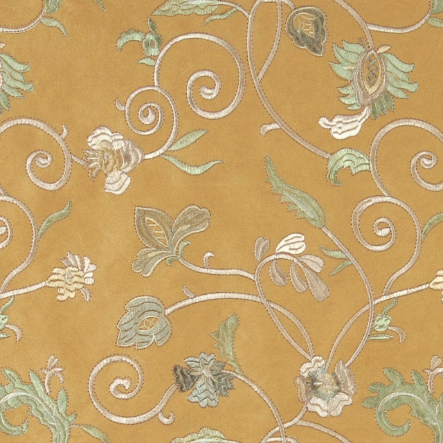 Gold Ivory Green Embroidered Floral Vines Suede Upholstery Fabric By The Yard