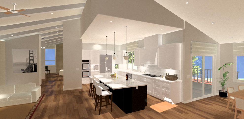 Große Moderne Küche mit Schrankfronten mit vertiefter Füllung, weißen Schränken, Quarzwerkstein-Arbeitsplatte, Kücheninsel und weißer Arbeitsplatte in San Francisco