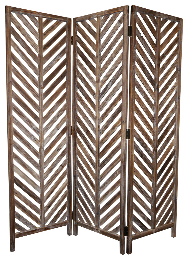 Benzara BM26598 3 Panel Foldable Wooden Screen with Herringbone Pattern, Brown