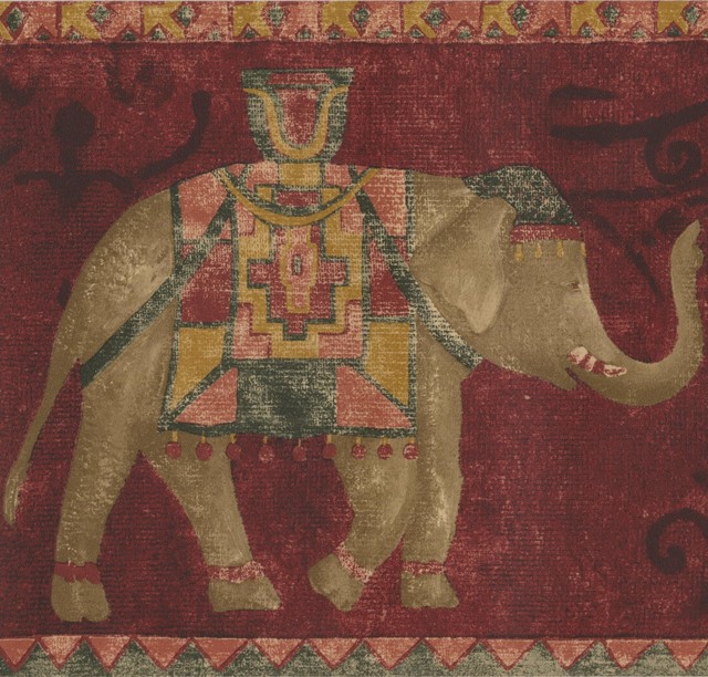 Red Carpet With Brown Elephants Wallpaper Border Vintage Design