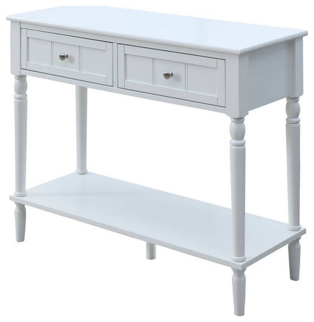 French Country Console Table, Turned Legs & 2 Framed Accented Drawers, White Traditional