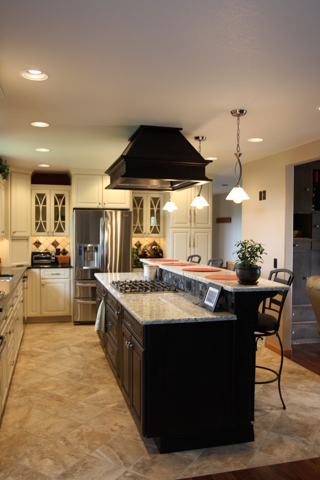 Inspiration for an u-shaped ceramic tile eat-in kitchen remodel in Denver with a farmhouse sink, open cabinets, white cabinets, quartz countertops, white backsplash, stainless steel appliances and an island