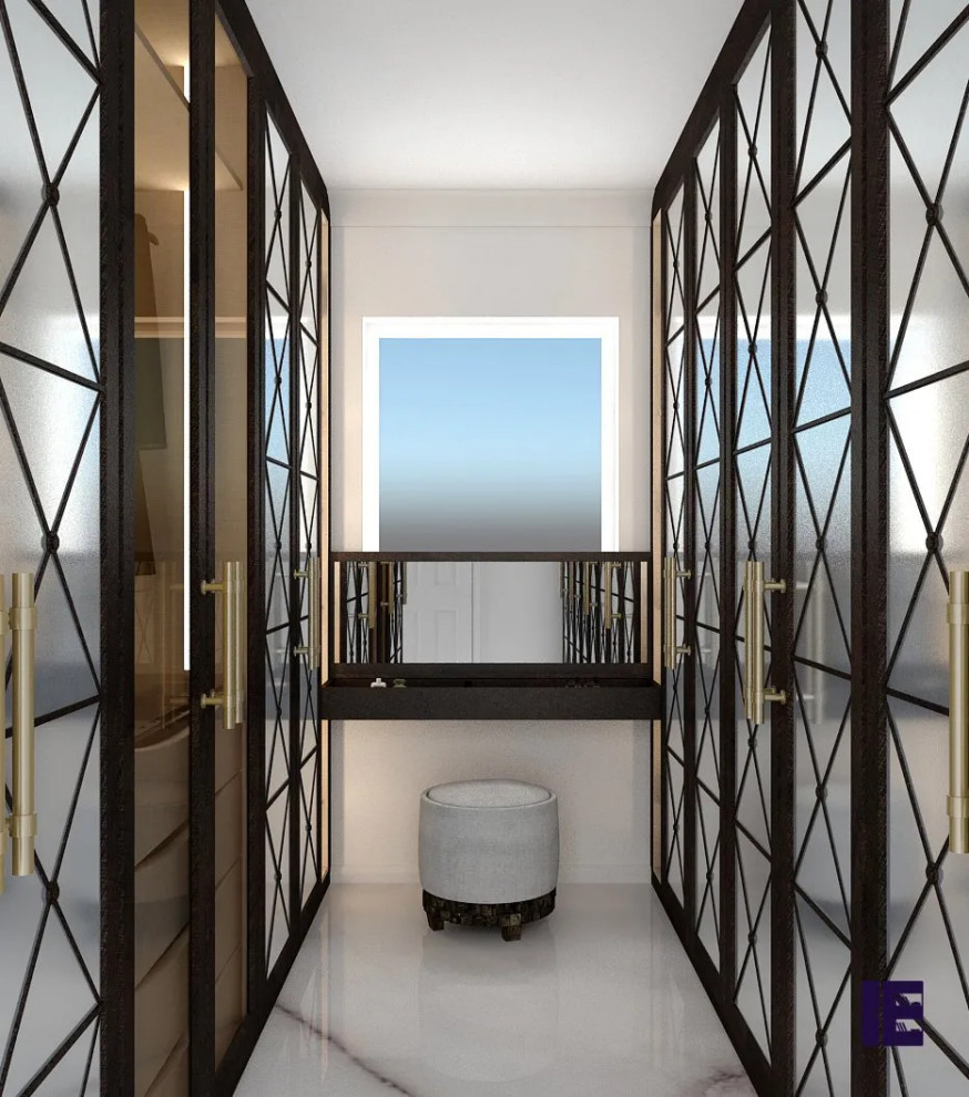 Design ideas for a large modern storage and wardrobe in London with glass-front cabinets, dark wood cabinets, marble floors and white floor.