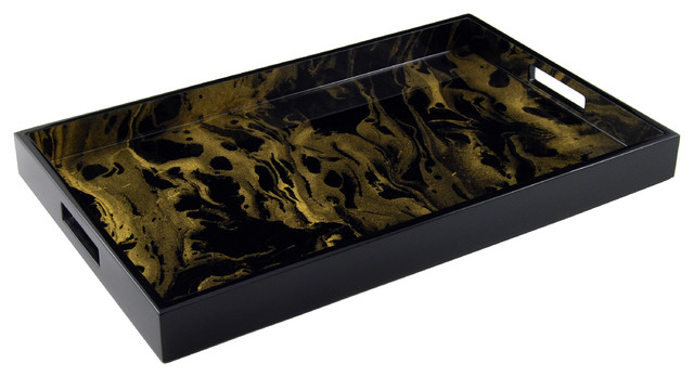 Lacquer Rectangle Tray Black And Gold, Coffee Table Tray Black And Gold