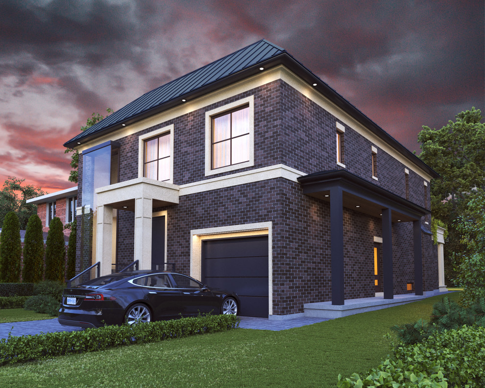 Idées déco pour une façade de maison rouge contemporaine en brique de taille moyenne et à un étage avec un toit à quatre pans, un toit en métal et un toit noir.
