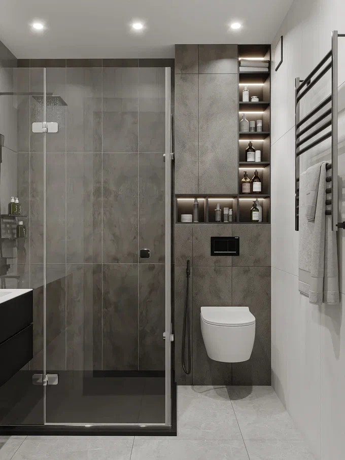 Квартира в стиле минимализм в монохромной серой гамме с яркими акцентами