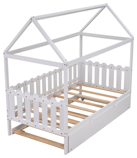 Twin Kid Bed, House Shaped Pine Wood Frame With Fence & Pull Out ...