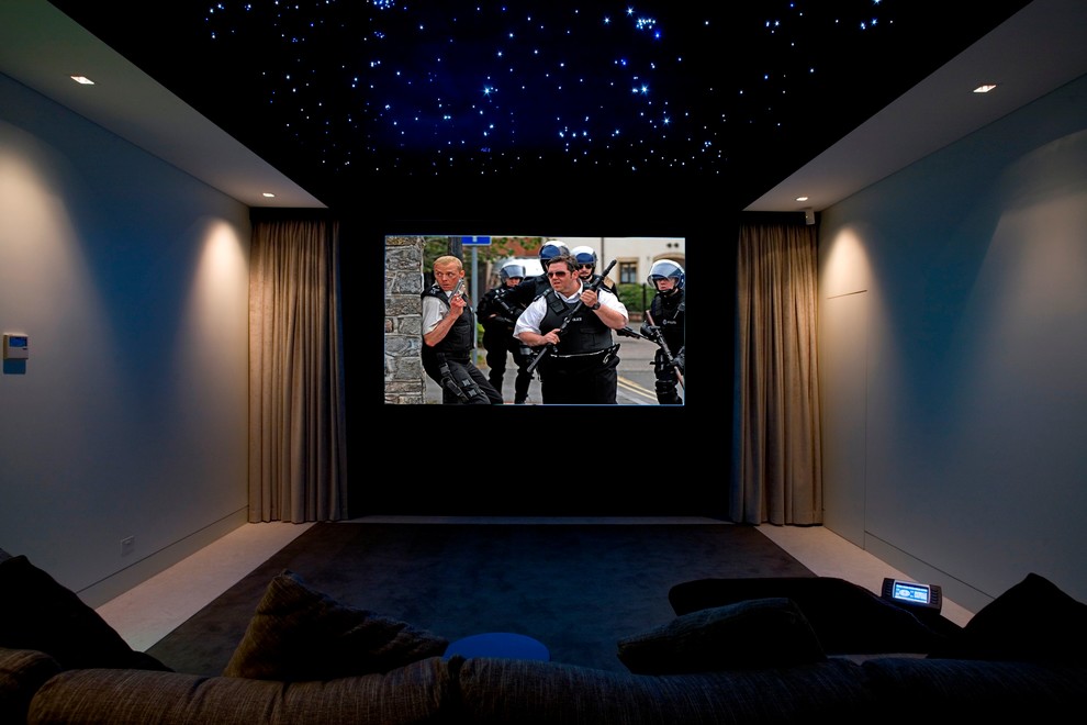 Inspiration for a mid-sized modern enclosed home theatre in Sydney with black walls, carpet and a projector screen.