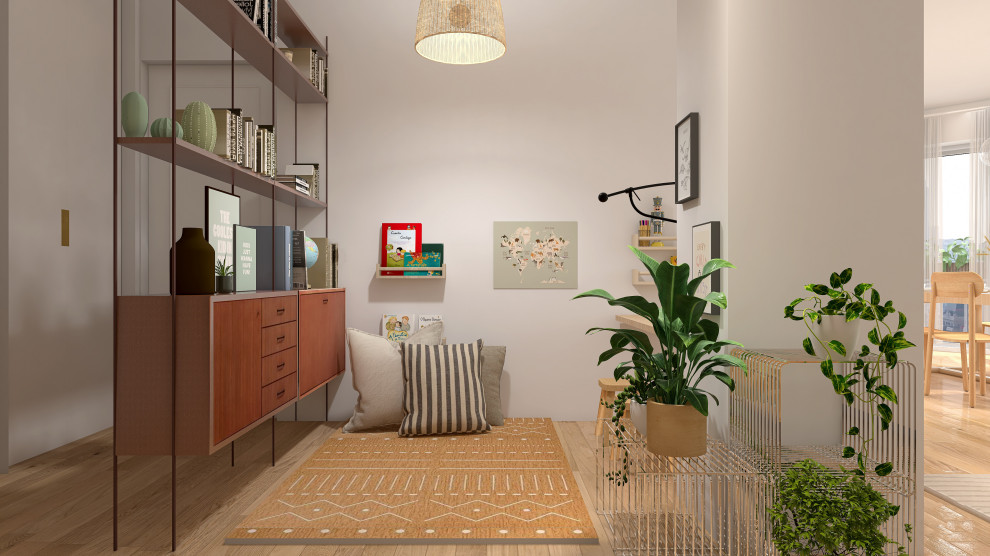 Стильный дизайн: маленькая изолированная гостиная комната в скандинавском стиле с белыми стенами, светлым паркетным полом, коричневым полом и кессонным потолком без камина, телевизора для на участке и в саду - последний тренд