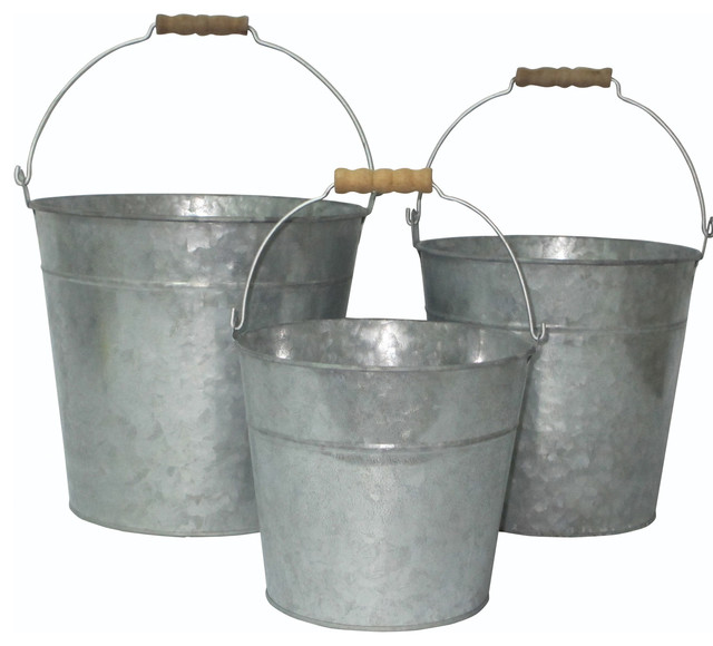 Cheungs Vintage, Set of 3 Galvanized Metal Bucket With Natural Wood