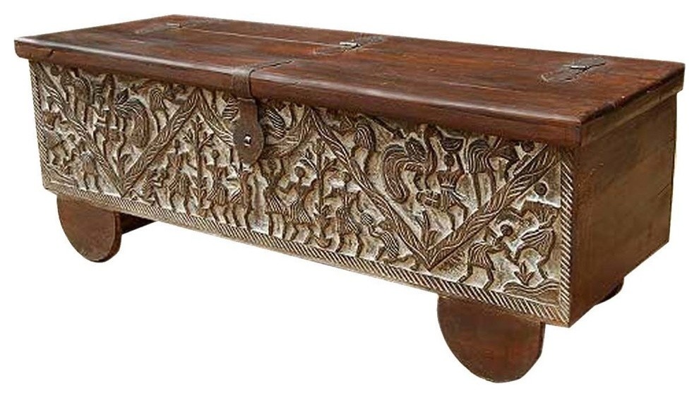 Masterpiece Hand Carved Mango Wood Storage Trunk Coffee Table