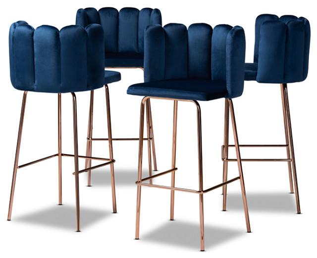 Navy Blue Velvet Fabric Upholstered and Rose Gold 4Piece Bar Stool Set