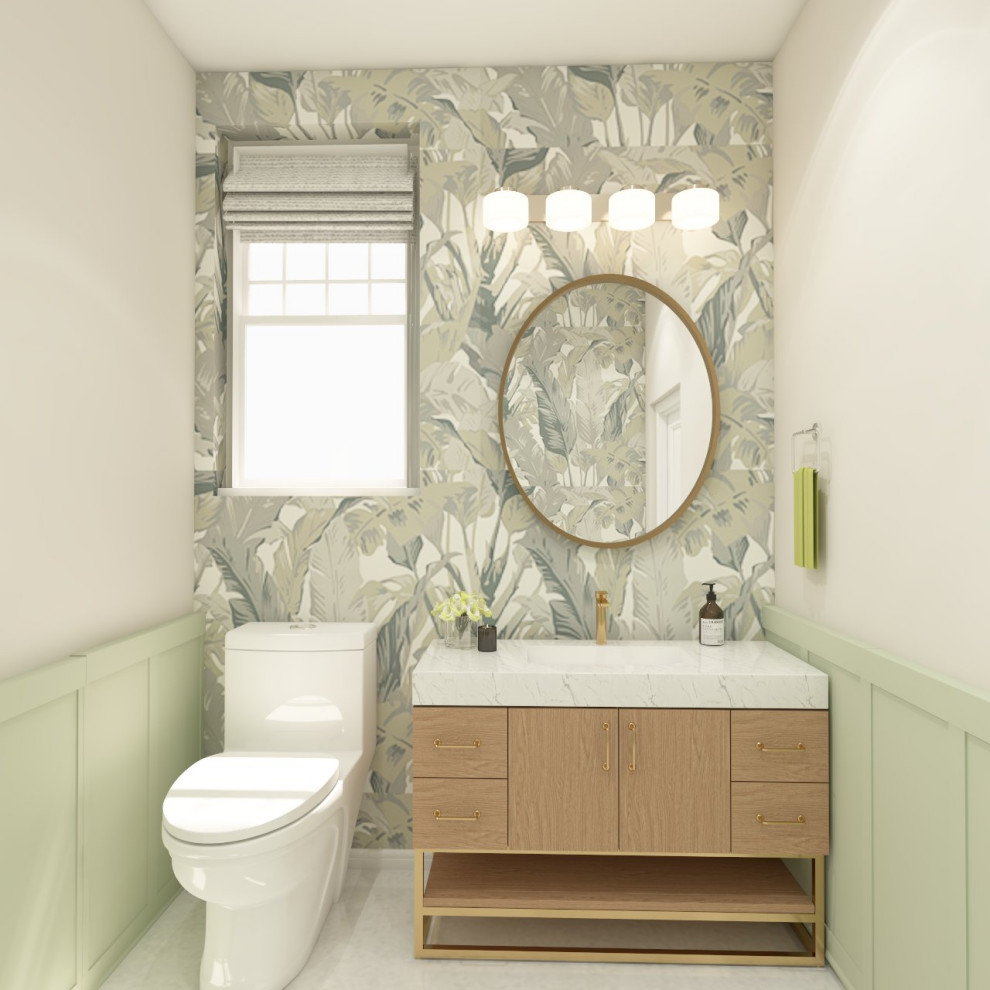 Inspiration pour un petit WC et toilettes minimaliste avec un placard à porte plane, des portes de placard marrons, WC séparés, un mur vert, un sol en carrelage de porcelaine, un lavabo intégré, un plan de toilette en quartz, un sol gris, un plan de toilette blanc, meuble-lavabo sur pied et du papier peint.