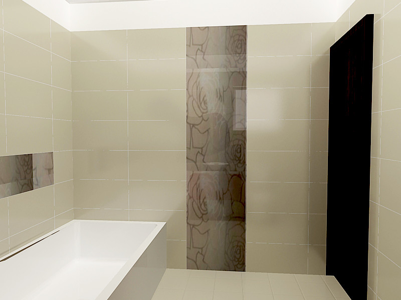 Источник вдохновения для домашнего уюта: главная ванная комната среднего размера в стиле модернизм с плоскими фасадами, красными фасадами, угловой ванной, инсталляцией, бежевой плиткой, керамической плиткой, бежевыми стенами, полом из керамической плитки, раковиной с пьедесталом и столешницей из ламината
