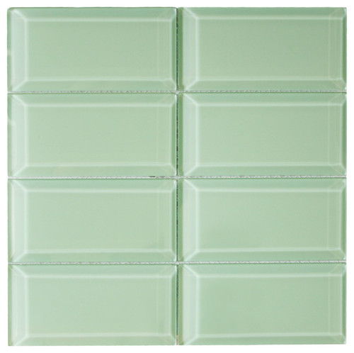Beveled Surf Glass Subway Tile, 12"x12" Sheet #green #walltile #backsplash