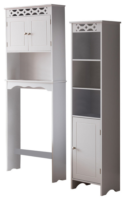2 Piece White Wood Etagere Bathroom Storage Rack With Cabinets