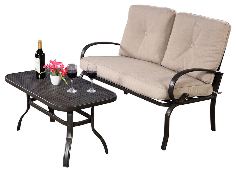 Costway 2 Pcs Patio Outdoor Loveseat Coffee Table Set Furniture Bench Cushion Traditional Outdoor Lounge Sets By Goplus Corp