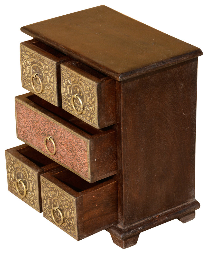 5 Drawer Ornate Brass & Mango Wood Pillbox Chest Jewelry Box
