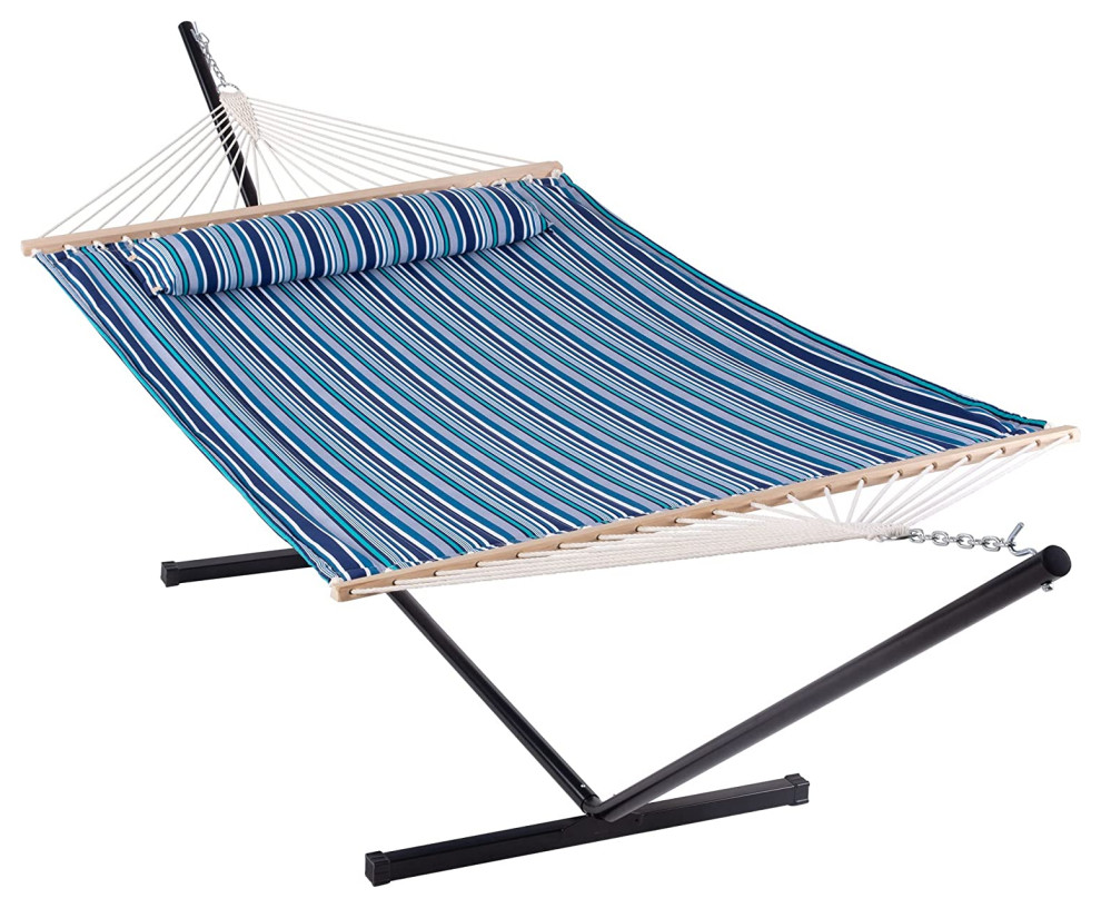 Comfortable Hammock, Metal Stand & Double Layered Fabric Bed, Blue Stripes