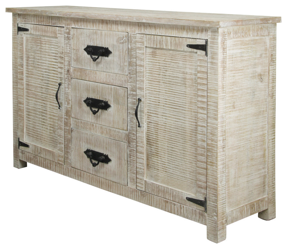2-Door and 3-Drawer Solid Mango Wood Sideboard, Distressed White Wash Finish