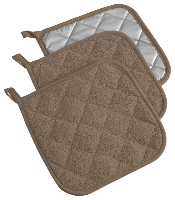 DII Brown Terry Pot Holder, Set of 3 Contemporary Oven Mitts And