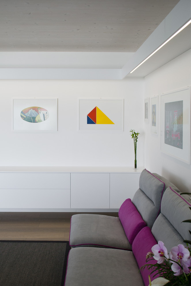 Idee per un soggiorno minimal di medie dimensioni con pareti bianche