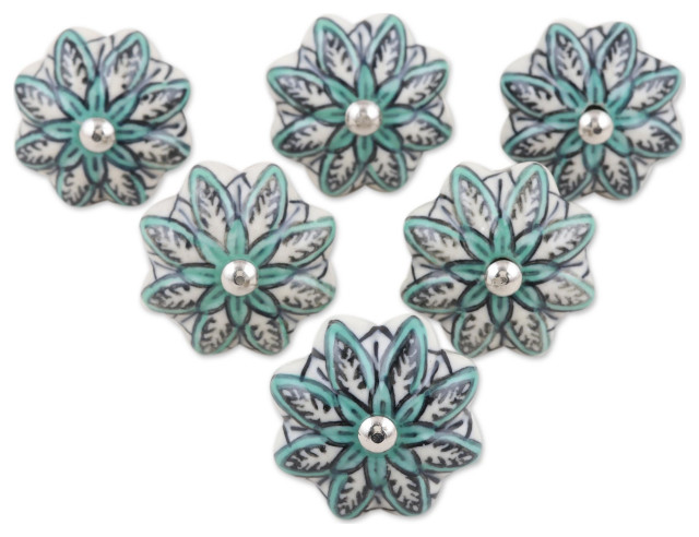 Novica Handmade Underwater Petals Decorative Ceramic Knobs (Set Of 6)