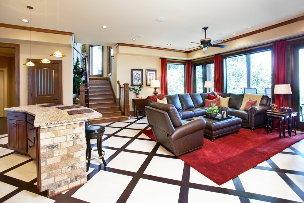 This is an example of a large country open concept living room in Other with yellow walls.
