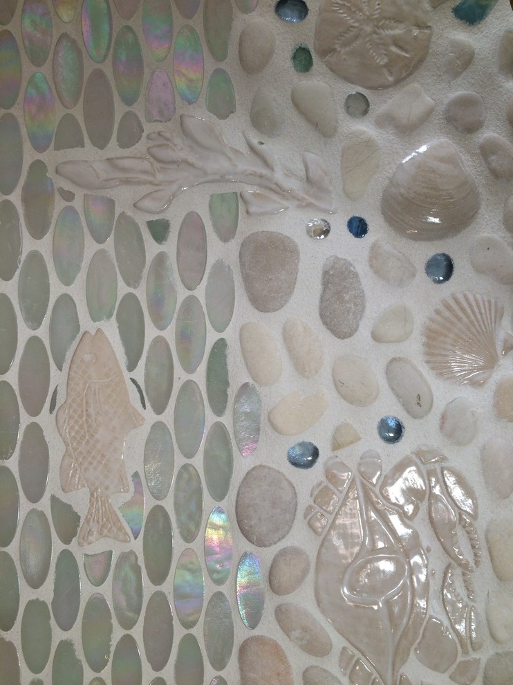 Example of a beach style home design design in Boston with white backsplash and stone tile backsplash