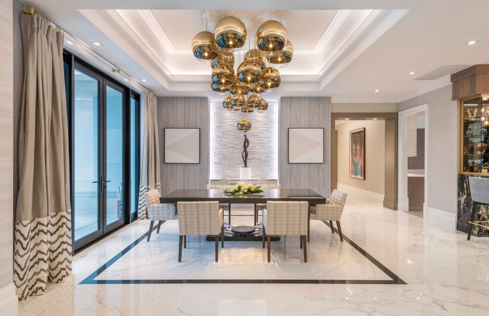 Design ideas for an expansive transitional open plan dining in Miami with beige walls, porcelain floors, white floor, coffered and wallpaper.