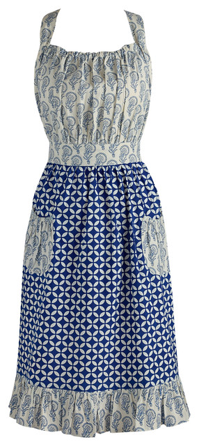 Blue and White Mixed Print Vintage Apron