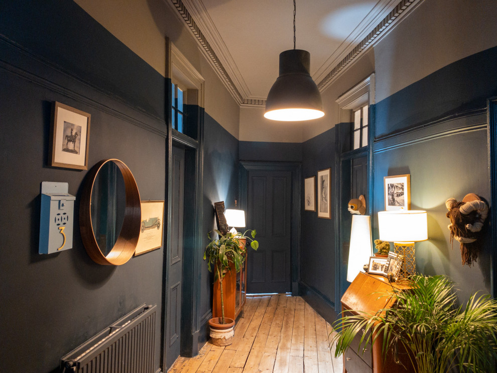 Источник вдохновения для домашнего уюта: коридор среднего размера в классическом стиле с синими стенами и светлым паркетным полом