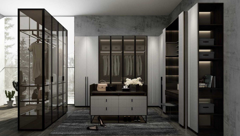 Inspiration for a large contemporary wardrobe in Orange County.