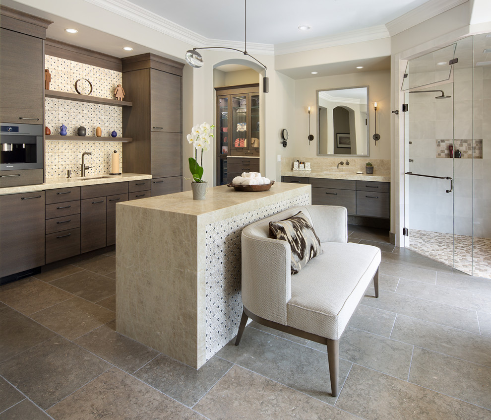 Large eclectic master bathroom in San Diego with flat-panel cabinets, dark wood cabinets, a freestanding tub, a curbless shower, a bidet, white tile, porcelain tile, white walls, limestone floors, an undermount sink, quartzite benchtops, grey floor, a hinged shower door, yellow benchtops, a shower seat, a double vanity and a built-in vanity.
