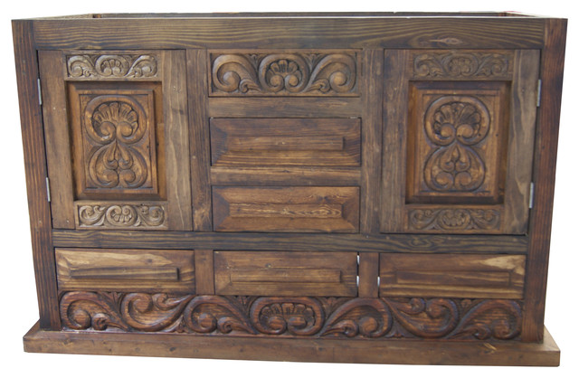 Shipwreck Rustic Carved Wood Bathroom Vanity, With Top, 55"x20"x32"