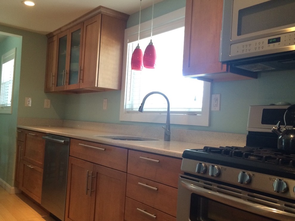 Example of a transitional galley light wood floor eat-in kitchen design in Boston with an undermount sink, shaker cabinets, medium tone wood cabinets, quartz countertops, stainless steel appliances, no island and white countertops