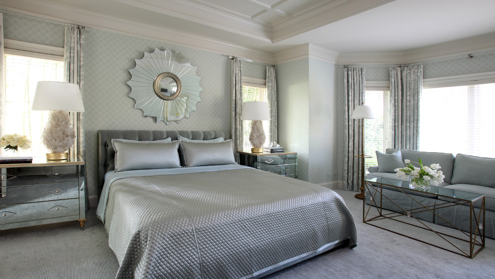This is an example of a mid-sized traditional master bedroom in Little Rock with grey walls and carpet.