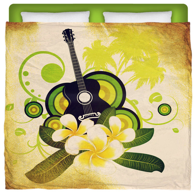 Eco Friendly "Hawaiian Plumeria and Guitar" Made In USA Premium King Duvet Cover