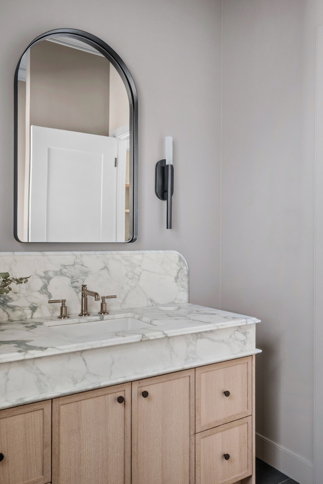 Traditional cloakroom in Other with shaker cabinets, light wood cabinets, ceramic flooring, marble worktops, grey floors, multi-coloured worktops and a built in vanity unit.