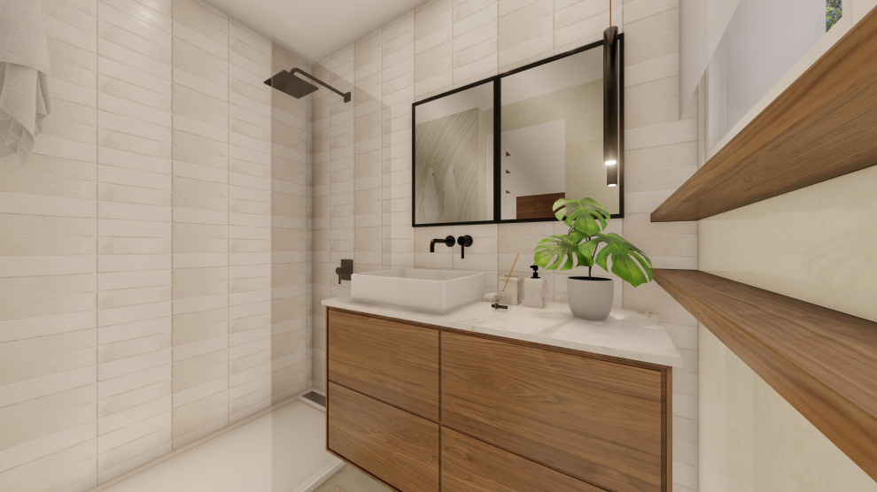 Exemple d'un petit WC et toilettes moderne avec un mur multicolore, un sol en vinyl, des portes de placard beiges, un carrelage beige, des carreaux de céramique, un plan vasque, un plan de toilette en quartz, un sol marron, un plan de toilette blanc et meuble-lavabo sur pied.